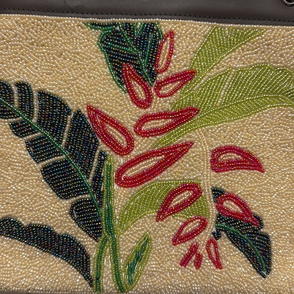Floral Beaded Cream and Green trim Women's Bag - Picture 3 of 7